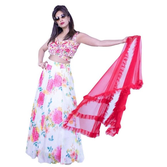 Floral printed lehenga - White and Red - Picture 1 of 4